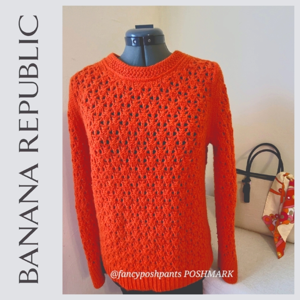 BANANA REPUBLIC Italian lux alpaca wool star knit crochet sweater orange pumpkin